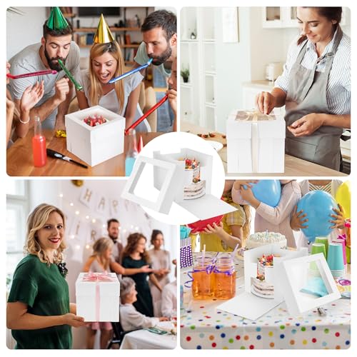 10 inch Tall Cardboard Cake Boxes with Lid, Ribbon, 12 Pcs