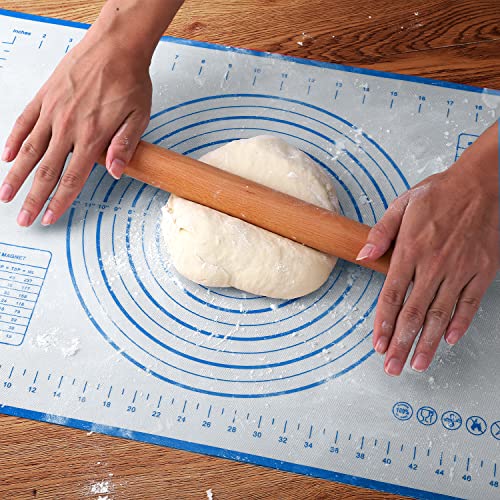 Wood French Rolling Pin for Baking, QUELLANCE Wooden Dough Roller with Silicone Baking Mat, Beech Wood Rolling Pins for Baking Dough, Pizza, Pie, Pastries, Pasta and Cookies,Blue Pastry Mat - size: BL-16 inch
