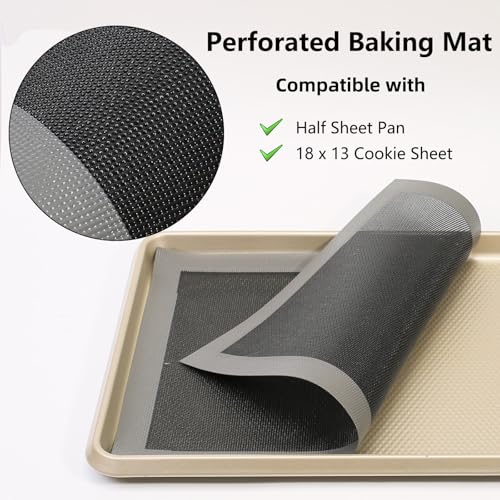 AMYONE Perforated Silicone Baking Mats, 2 PCS Gray Mesh Baking Mats for Half Sheet, Non-Stick Reusable Eclair Oven Liners for Homemade Bread/Pizza/Sugar Cookie 11 5/8" x 16 1/2", Deep Space Grey - color: Grey & Black
