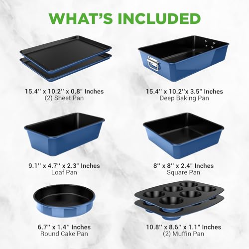 NutriChef 8-Piece Nonstick Stackable Bakeware Set - PFOA, PFOS, PTFE Free Baking Tray Set w/Non-Stick Coating, 450°F Oven Safe, Round Cake, Loaf, Muffin, Wide/Square Pans, Cookie Sheet (Blue) - color: Blue