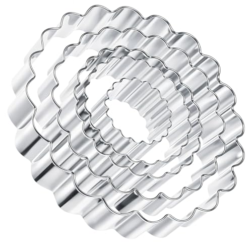 5 Pce Fluted Round Cookie Cutter Set, Circle Shaped Geometric Circle Cookie Cutter for Kitchen Baking, Donut Cutter Ring Scalloped Edge Wavy, Stainless Steel, (1.6", 2", 2.4", 2.8", 3.1")