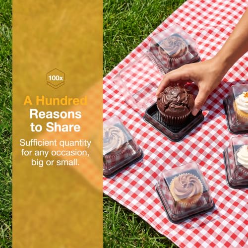 100 Set Plastic Single Individual Cupcake Containers Muffin Dome Holders with Lids, Mini Cupcake Containers Square Moon Cake Box Stand, Cookies Muffins Dome Box Mini Dessert Boxes- Black