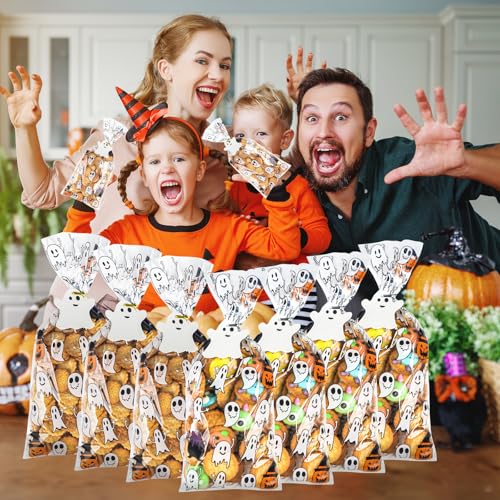 150PCS Halloween Ghost Cellophane Treat Bags, Clear Halloween Candy Bags