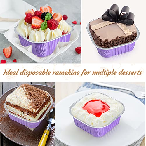 50 Pcs Aluminum Foil Baking Cups with Lids 10 oz Square Baking Cups Disposable Ramekins with Lids for Flans Snacks Pudding Pan Tin Wedding Catering Party Favor (Purple) - color: Purple