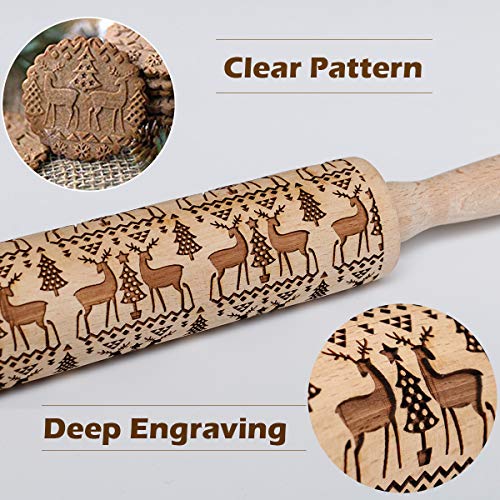 Christmas Embossed Rolling Pin for Baking Cookies Embossing Rolling Pins with Design Wooden Engraved Springerle Roller Pin Animal Dough Patterned Clay Pottery Ceramic Bakers Women (Reindeer & Tree) - color: Christmas Reindeer