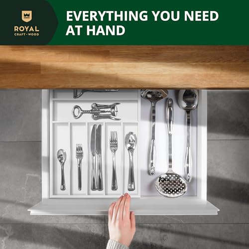 ROYAL CRAFT WOOD Luxury Bamboo Kitchen Drawer Organizer - Silverware Organizer - Utensil Holder and Cutlery Tray with Grooved Drawer Dividers for Flatware and Kitchen Utensils (7 Slot, White) - color: White, size: 7 Slot