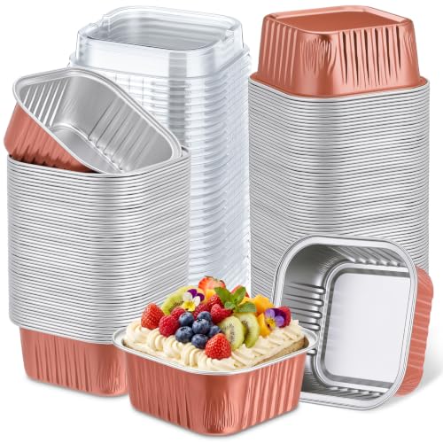 Skylety 100 Pcs 5oz Mini Square Cake Pans with Lids, Rose Gold - color: Rose Gold