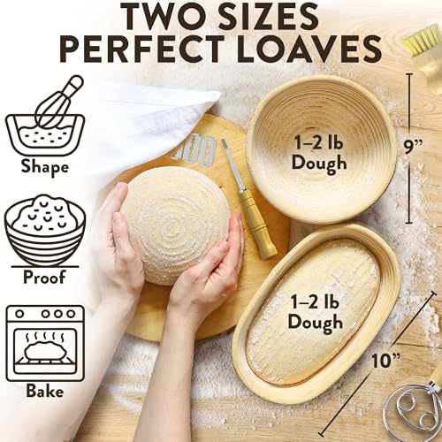 Complete Bread Proofing Baskets Set with 9 in and 10 in Banneton Basket
