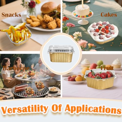 50 Pcs Mini Square Baking Cups with Lids,10oz Aluminum Foil Mini Cake Pans with Lids,Disposable Ramekins Cake Pans,300ml Dessert Cups Cupcake Pans for Wedding Birthday Party,Gold - color: Gold, size: 10oz
