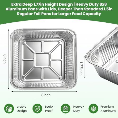 25 Pack 8x8 Aluminum Foil Pans with Lids, Square Baking Cake Pans