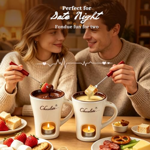 Chocolate Fondue Mug Set of 2, Ceramic Melting Cup, Candle & Fork - color: 2pcs White