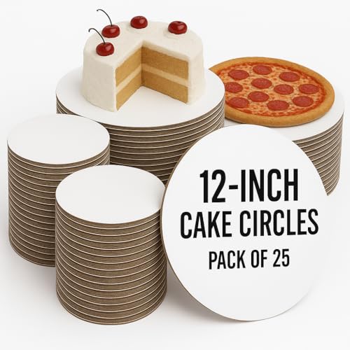 12 Inch Cake Circle Pizza and Pie Circle High Quality Sturdy White Corrugated Cardboard Cake Circles 12 inch 100% Food Safe 12 inch Cake Boards Round Cake Board 12 inch (Pack of 25) Thick Cardboard - size: 12", Pack of 25