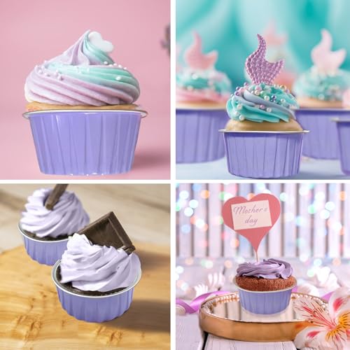 100Pcs Aluminum Cups with Lids,5oz Disposable Ramekin Baking Cups Muffin Liners Mini Pie Pans Foil Cupcake Containers for Christmas Party Wedding Party,Purple - color: Light Purple