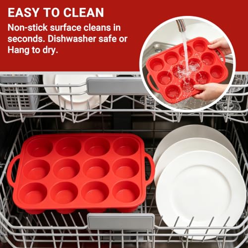 Redfly Silicone Muffin Pans for Baking 12-Cup Regular Size Cupcake Pan 2PCS - color: Red, size: Regular Size-2PACK