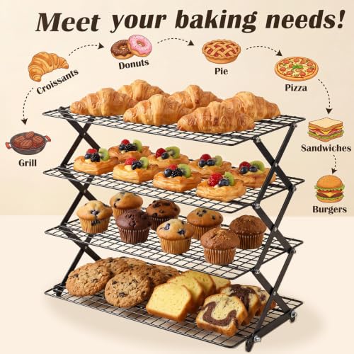 4-Tier Collapsible Cooling Rack for Baking, 3-Setting Adjustable Stackable Cookie Rack, Durable Nonstick Space-Saving Stand for Cooking, Roasting, Drying, Grilling, Cottage Bakery