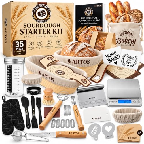 ARTOS Sourdough Starter Kit - Banneton Proofing Baskets, Dough Whisk, Bread Lame & Scrapers, Starter Jar & Scale - Complete Bread Baking Supplies for Beginners & Home Bakers - size: 35 Piece Kit