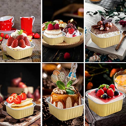50 Pcs Mini Square Baking Cups with Lids,10oz Aluminum Foil Mini Cake Pans with Lids,Disposable Ramekins Cake Pans,300ml Dessert Cups Cupcake Pans for Wedding Birthday Party,Gold - color: Gold, size: 10oz