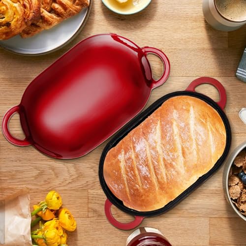 5 QT Enameled Cast Iron Sourdough Bread Oven, Loaf Pan with Lid - color: Red, size: 5 QT