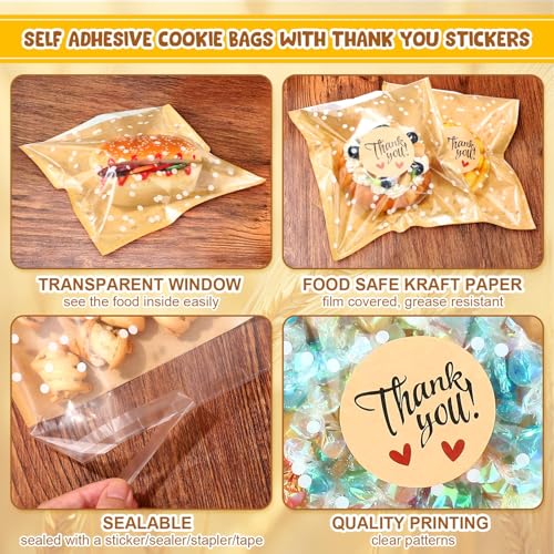 Fuyoooo 50 Pcs Self Adhesive Cookie Bags Cellophane Polka Dot Treat Bags Small Plastic with Thank You Stickers for Party Gift Giving Bakery Biscuit Candy Pastry (7.1 x 7.5 Inch) - size: 7.1 x 7.5 inch