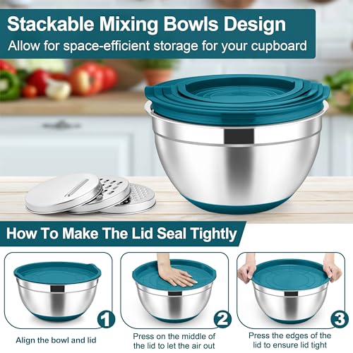 TeamFar Mixing Bowls, Stainless Steel Salad Bowl with Lid & Graters -Blue - color: Blue
