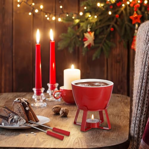 BSTKEY 320ML Ceramic Butter Warmer Set with 2 Dipping Forks, Fondue Pot Melting Pot Set, Melt Hot Pot Bowl Set for Cheese Chocolate Butter Caramel (Red) - color: Red