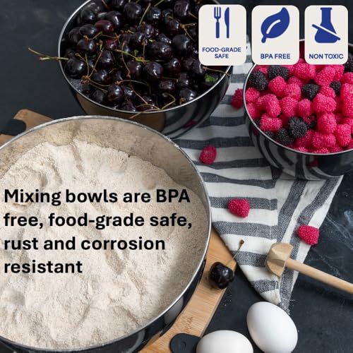 WHYSKO Stainless Steel Mixing Bowls Set, 3-Piece with Silicone Base - color: Black