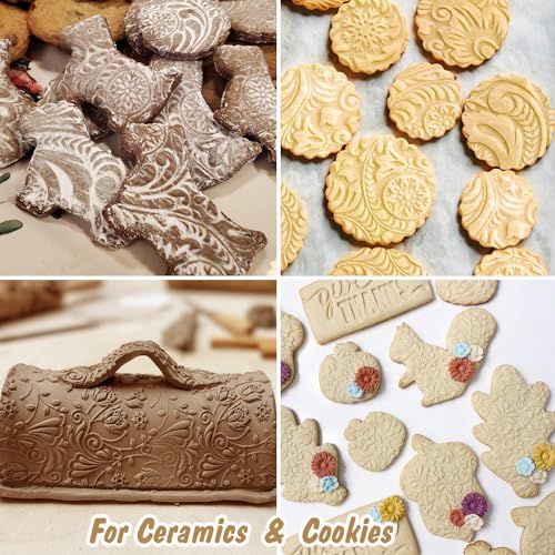 Christmas Embossed Rolling Pin for Baking Cookies Embossing Rolling Pins with Design Wooden Engraved Springerle Roller Pin Animal Dough Patterned Clay Pottery Ceramic Bakers Women (Reindeer & Tree) - color: Christmas Reindeer