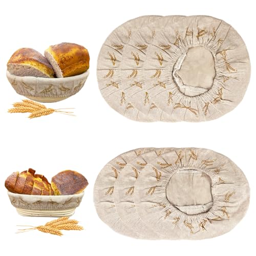 SNAIL GARDEN Bread Proofing Basket Cloth Liner - 3 Oval (10") & 3 Round (9"), Wheat Pattern Reusable Banneton Basket Liners, Linen Cotton Proofing Basket Covers for Bread Making