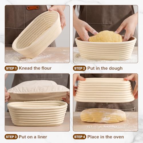 4 Pack 10 Inch Oval Banneton Bread Proofing Basket, Rattan Sourdough Bread Baskets with Liners for Home Baking - size: 10"Oval Basket-4 PCS