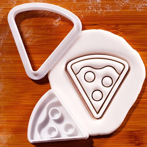 BAKERLOGY Pizza Mini Cookie Cutter and Stamp Set – Pizza Slice Biscuit Cutter Fondant Embosser for Food Theme Baking, Fast Food Cupcake Toppers, Summer BBQ Party Dessert Decoration Tool