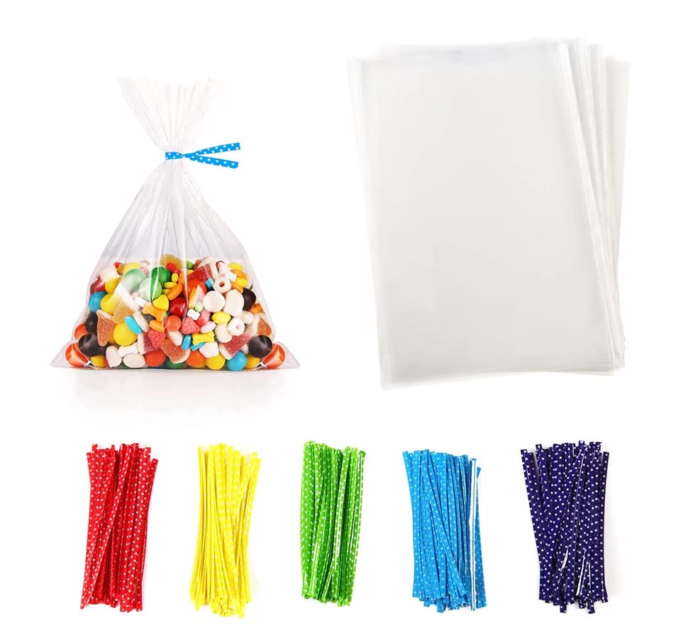 Newkita 100PCS Small Cellophane Bags, 5x7 Clear Gift Rice Crispy Candy Cake Pop Party Favor Bags with 4’’ Ties Christmas Thanksgiving Halloween Treat bags - size: 5x7 Inch