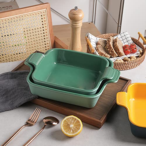 Sweejar Ceramic Baking Dish, 9 x 9 Cake Baking Pan for Brownie, Porcelain Square Bakeware with Double Handle for Casserole, Lasagna, Family Dinner (Light Green) - color: Light Green, size: Square 9IN