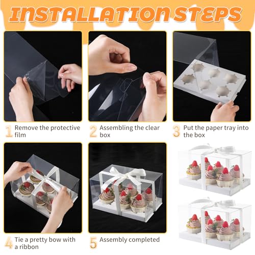 JCD 4 Pack Clear Cupcake Boxes, Plastic Cupcake Containers with Gift Ribbon, 5.5inches height Holder 6 Count Cup Cake Boxes for Parties, Baking, Wedding, Transport (6count/4pcs) - size: 6count/4pcs