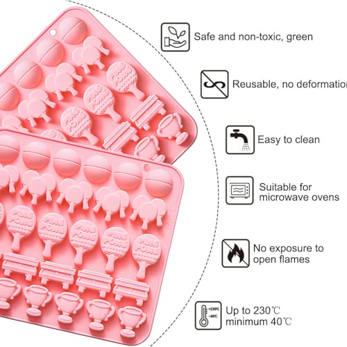 2PCS Ping Pong Chocolate Mold 28 Cavities Sport Theme Silicone Candy Molds Table Tennis Trophy Cup Ball Racket Shapes Baking Mould for Chocolate Fondant Jello Ice Cube Candle Sugar Craft Cupcake Decor - color: Pink 1