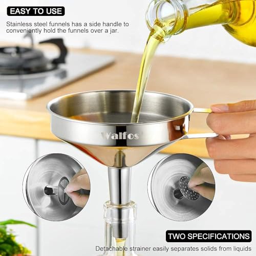 Stainless Steel Funnel, Walfos 3 Different Sizes of Kitchen funnels with 2 Removable Strainer ＆ 1Pcs Cleaning Brush, for Transferring of Liquid, Oils, Jam, Powder - color: 3pcs 5in+4in+3in Stainless Steel
