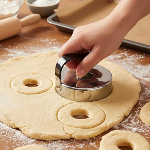 2Pcs Metal Round Cookie Cutter with Handle, Donut Maker Baking Tool, Pie Gadget