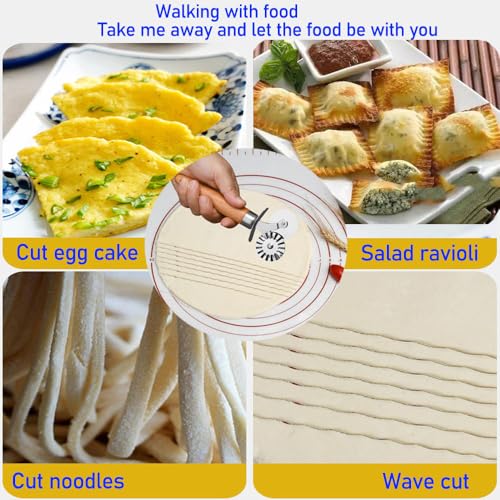 Stainless Steel Double Roller Pastry Wheel Cutter with Long Wooden Handle,Pizza,Ravioli Wheel,Multipurpose Pasta Cutter Wheel for Kitchen