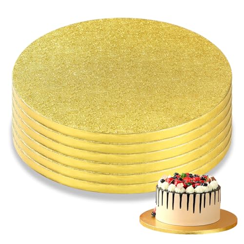 6-Pack Gold Cake Drum Board 10 Inch Circle Full Wrap Edge Cardboard Sheets Grease Proof Foil Stand Thick Disposable Base for Desserts Pastries Display - size: 10''