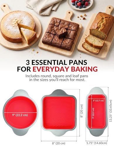 Boxiki Kitchen Silicone Baking Pans Set. 3 PCS Professional Non-Stick Baking Cake Pans Set includes Silicone Round Cake Pan, Square Cake Pan and Bread Loaf Pan. - style: Bakeware Set 3