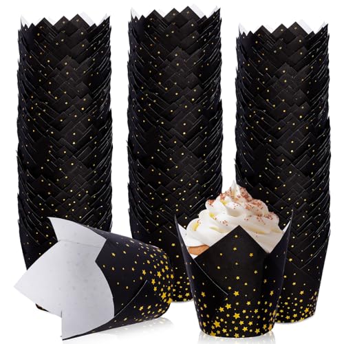 FYSUIMU 200Pcs Graduation Black Gold Star Tulip Cupcake Liners Foil Gold Star Muffin Baking Cups Cupcake Wrappers for Congrats Grad Holiday Birthday Party Supplies