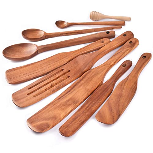 Spurtle Set,Wooden Spurtle Set of 9,Wooden Spoons for Cooking, Natural Teak Wooden Utensils for Cooking, Stirring, Mixing, Serving,Spurtles Kitchen Tools As Seen On Tv - size: Teak Wood Spurtle-9PCS