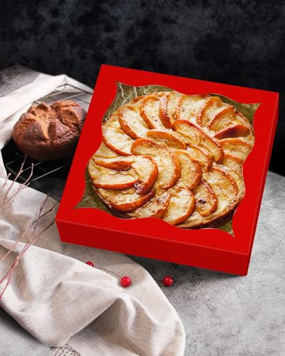 qiqee Auto-pop Up Red Pie Boxes with Window 12x12x3 Inch 24Packs Cookie Donut Bakery Box - color: Red