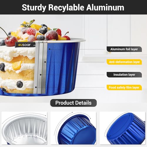 EUSOAR Cupcake Cups with Lids, 5oz 50pcs Disposable Desserts Flan, 3.34"x2.59"x2.35" 125ml Baking Cups with Lids, Aluminum Foil Desserts Cupcake Flan, Catering Gathering Shower Favor-Royal Blue - color: Royal Blue, size: 50pcs