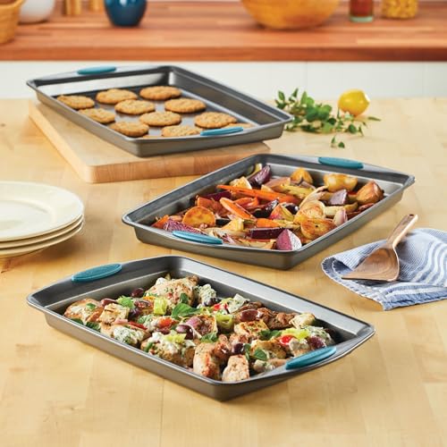 Rachael Ray Nonstick Bakeware Cookie Pan Set, Baking Sheets, 3-Piece, Gray - color: Agave Blue Grips