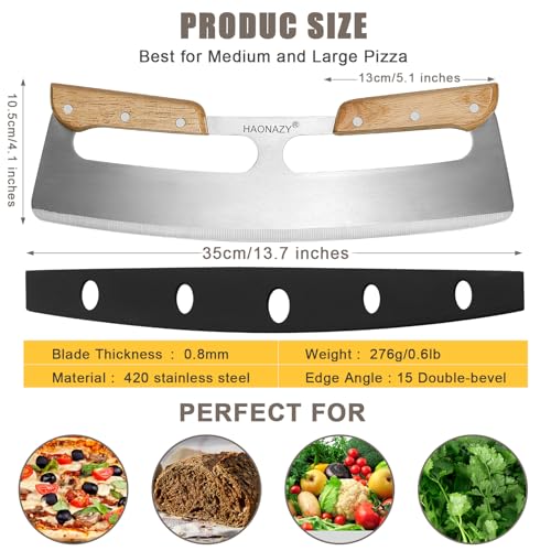 Sharp Pizza Cutter Rocker 14 inch with Double Handles and Protective Cover, Good for Kitchen Dining Room - color: Wood