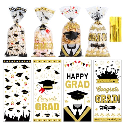 100Pcs Graduation Treat Bags Congrats Graduates Treat Bags Black Gold Cellophane Bags with Twist Ties Plastic Grad Goodie Bags 4 Styles Gift Bags Candy Bags for Graduation Party Favors Decorations - color: Graduation