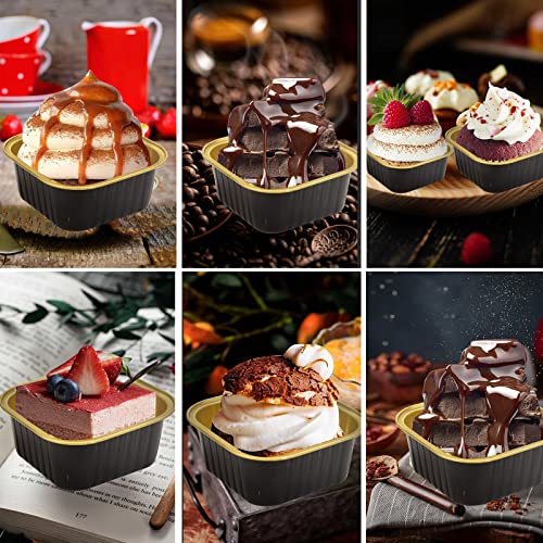 50 Pcs Mini Square Baking Cups with Lids,10oz Aluminum Foil Mini Cake Pans with Lids,Disposable Ramekins Cake Pans,300ml Dessert Cups Cupcake Pans for Wedding Birthday Party,Blackgold - color: Black/Gold, size: 10oz