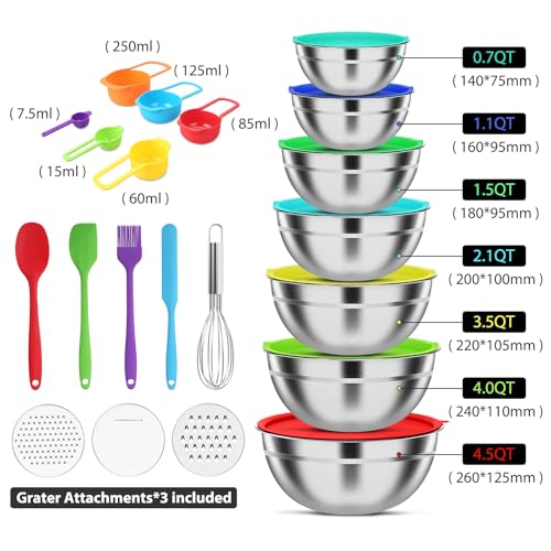 Stainless Steel Mixing Bowls Set with Lids & 3 Grater Attachments, Colorful - color: Multicolor