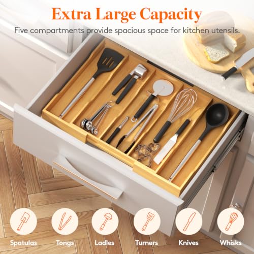 Lifewit Bamboo Kitchen Drawer Organizer, Cooking Utensil Silverware Tray - color: Natural, size: 5 Slot(12.6~22.8''W x 14'' D)
