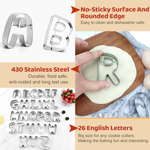 ofone Large Alphabet Cookie Cutters(A - Z), 3 Inch Stainless Steel Fondant Letter Cutters Shapes, 26 Pcs Abc Biscuit Cutter Set for Baking Dough Cakes Pastry Fruits - color: Silver